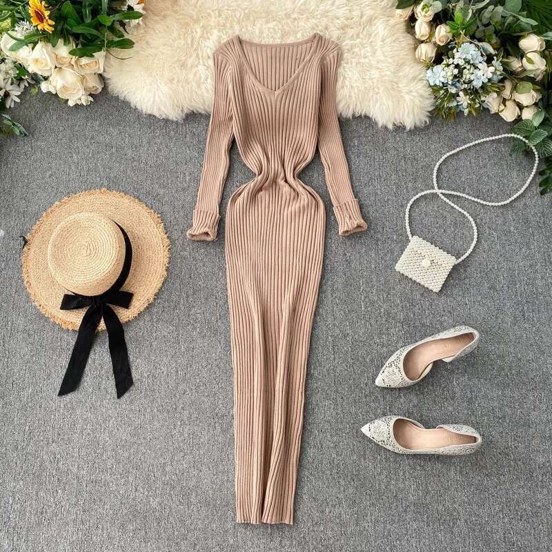 New Women Autumn Knitted V Neck Sexy Slim Elastic Oversized Basic Bodycon Sweater Winter knit Warm Long Dress