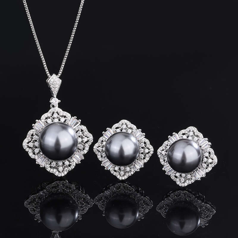 Zhuang Shengsheng Jewelry Copper Bottom Gold Plated With Mother Of Pearl And Dia, Luxurious Grey Pearl Set 14Mm 16Mm