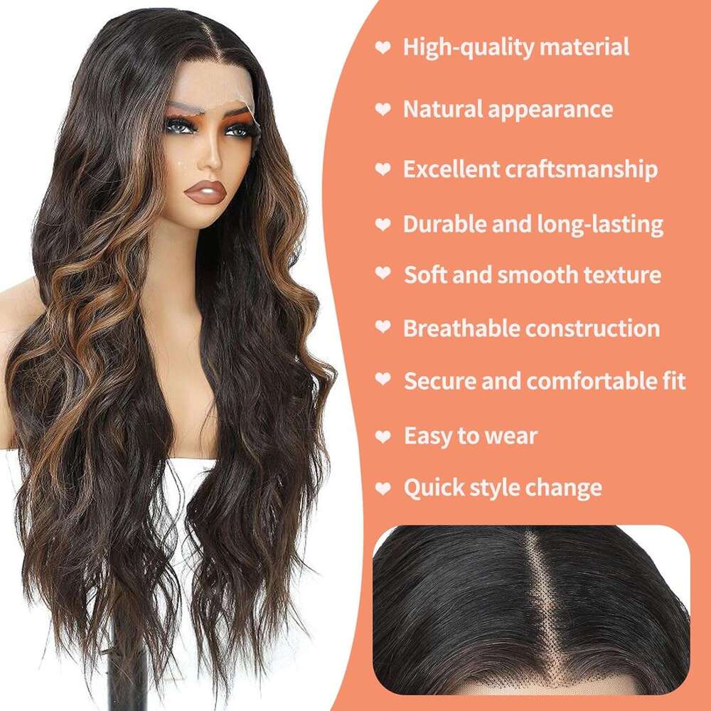 Seykiki Synthetic Front Wigs for Women Highlight Brown Mix Black Natural Wavy Glueless Ready to Wear 13x4x1 HD Lace Pre Plucked Middle Part Wig 26 Inc
