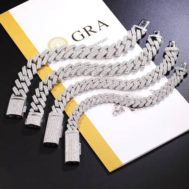 Fashion Hip Hop Cuban Bracelet 8mm-15mm Sterling Silver VVS1-D Moissanite 2 Rows Link Bracelet Gift