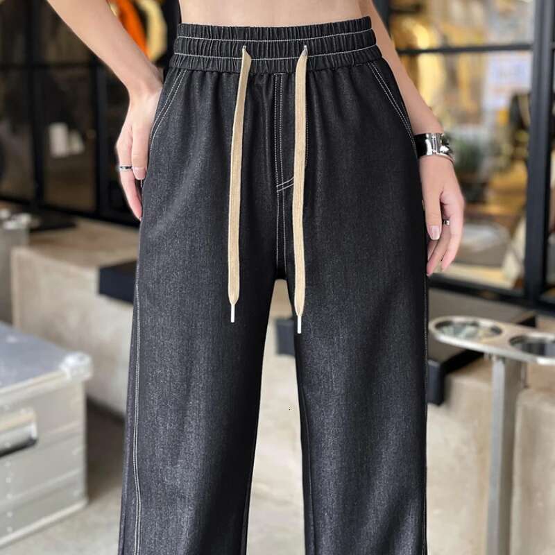 2025 New Spring Summer Ice Silk Women's Wide Leg Full Pants High Waist Lace-up Female Elegant Straight Loose Trousers