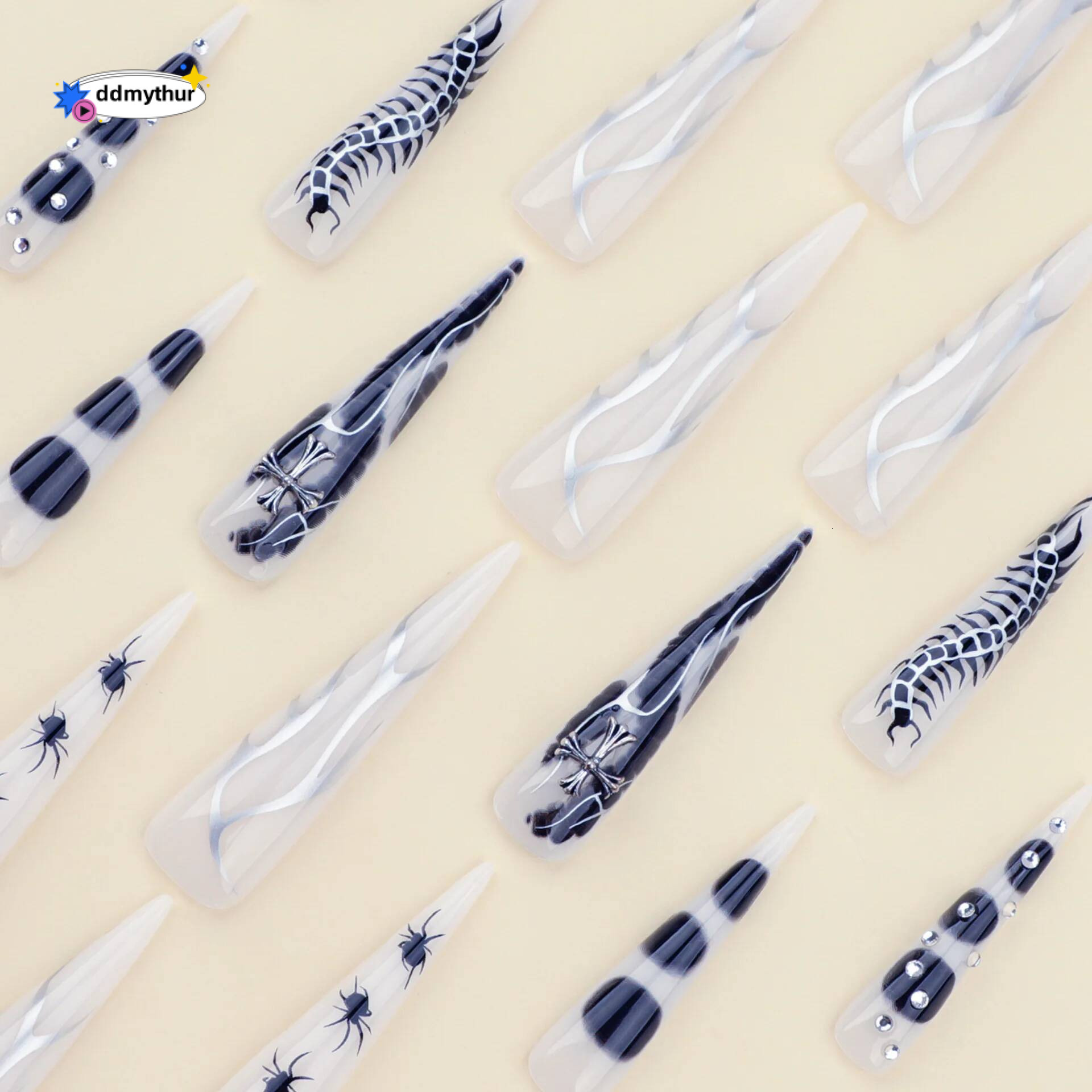 24pcs Spicy Girl Press on Y2k Sliver Flame Black Spider Long Pointed False Nails European Crocodile Pattern Fake Nail Tips ddmythur