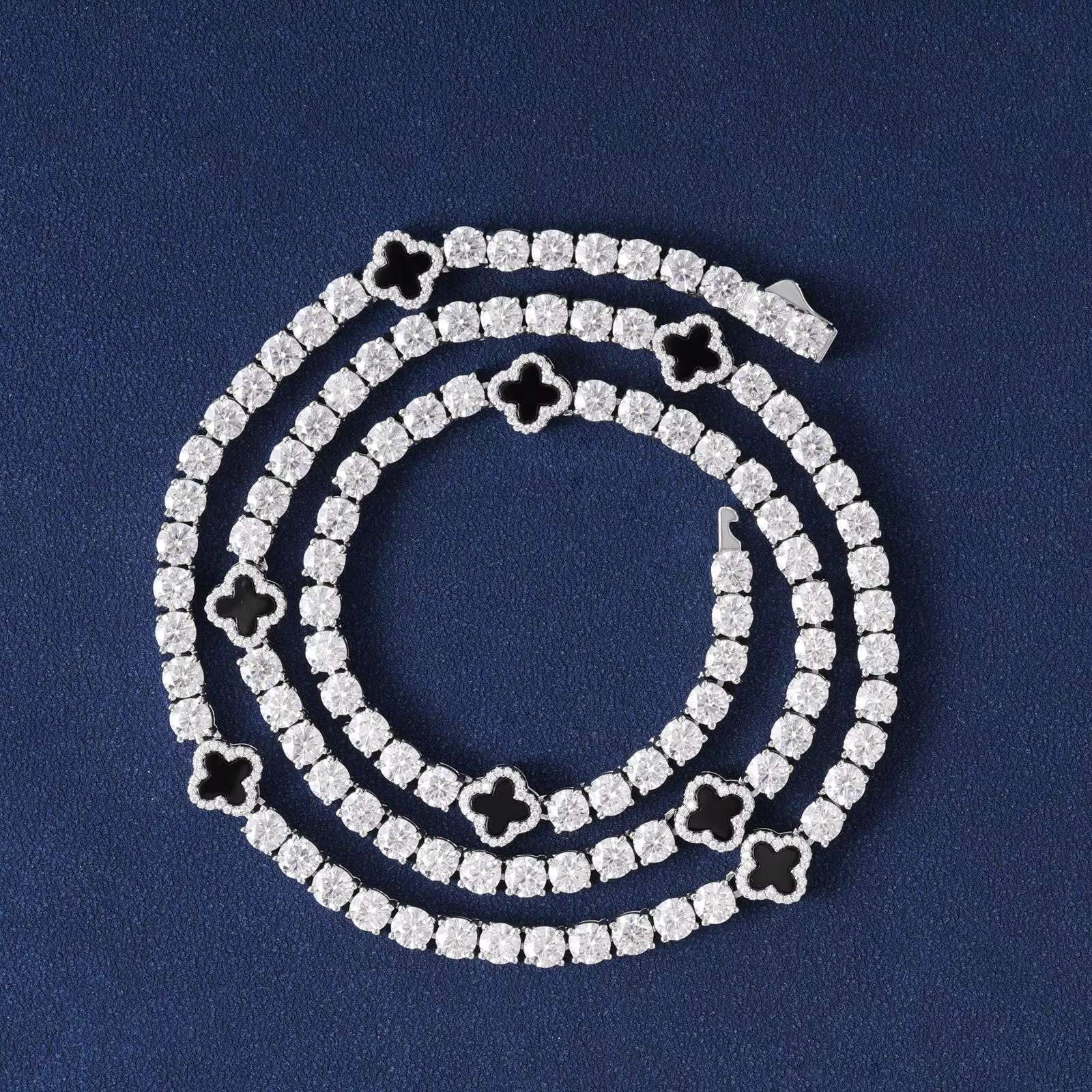 Valentines Day Dropshipping Gift 4mm 925 Sterling Silver VVS Moissanite Diamond Agate Tennis Bracelet Four Leaf Fine Bangle