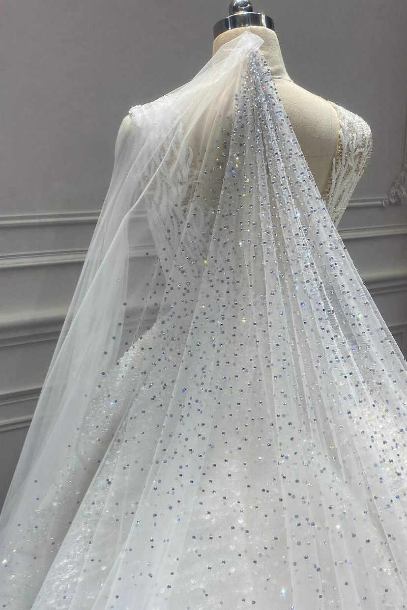 Sparkling Luxury Elegant Bridal Veils Women One-Layer Ice Tulle Appliques Beading Cut Edge Cathedral Veil Formal Occasion Dresses Customized