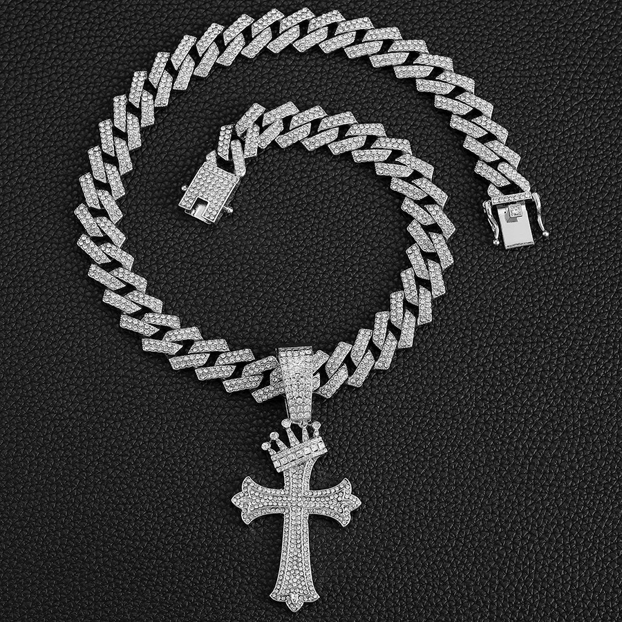 Iced Out Big Cuban Chain With Hip Hop Alloy And Full Bling Rhinestone Crown Cross Pendant Choker Necklace 250428