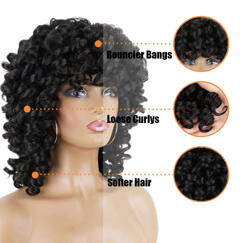 PHOENIXFLY Black Short Wigs for Women Curly Synthetic Heat Resistant Hair Replacement with Wig Caps (Black)
