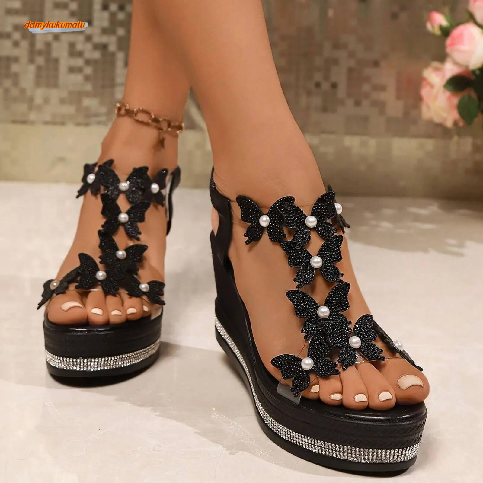 Women'S High Heel Wedge Platform Fashionable Butterfly Decoration Rhinestones Popular Among Toe Sandals For Women Flat ddmykukumalu