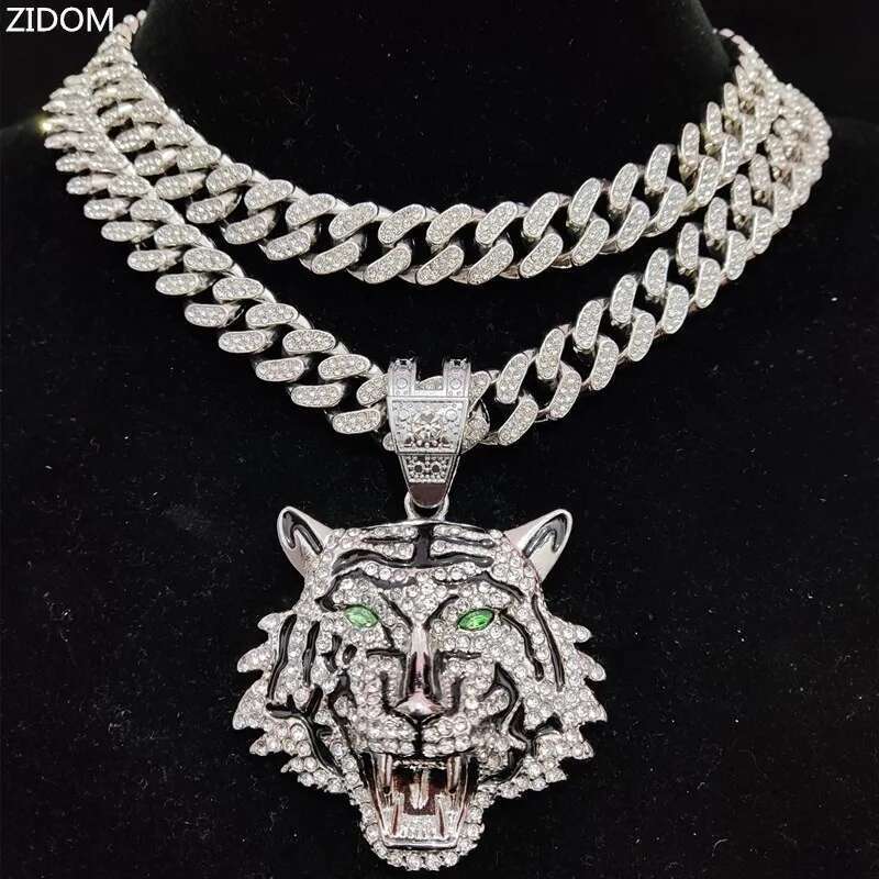 Hip Hop 3D Tiger Pendant Necklace With 13Mm Crystal Cuban Chain Hiphop Iced Out Bling Necklaces Men Women Fashion Charm Jewelry