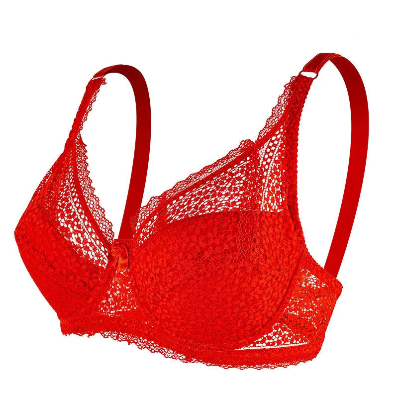 Large breasted lace plus size womens bra top support breathable and comfortable steel ring bow tie thin section gathering 250430