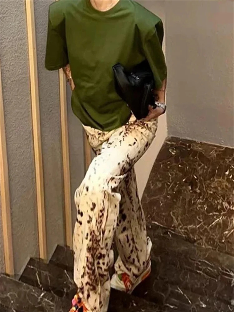 Leopard Print Straight Wide Leg Jeans Womens High Waist Retro Jeans Street Clothing Y2k Retro Pants Street Denim Trousers 250422