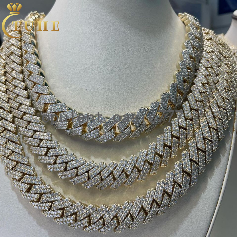 Luxury Cubanas Custom 12mm-20mm Gold Plated Brass Prong moissanite Diamond Iced Out Cuban Link Chain Hip Hop Necklace for Men