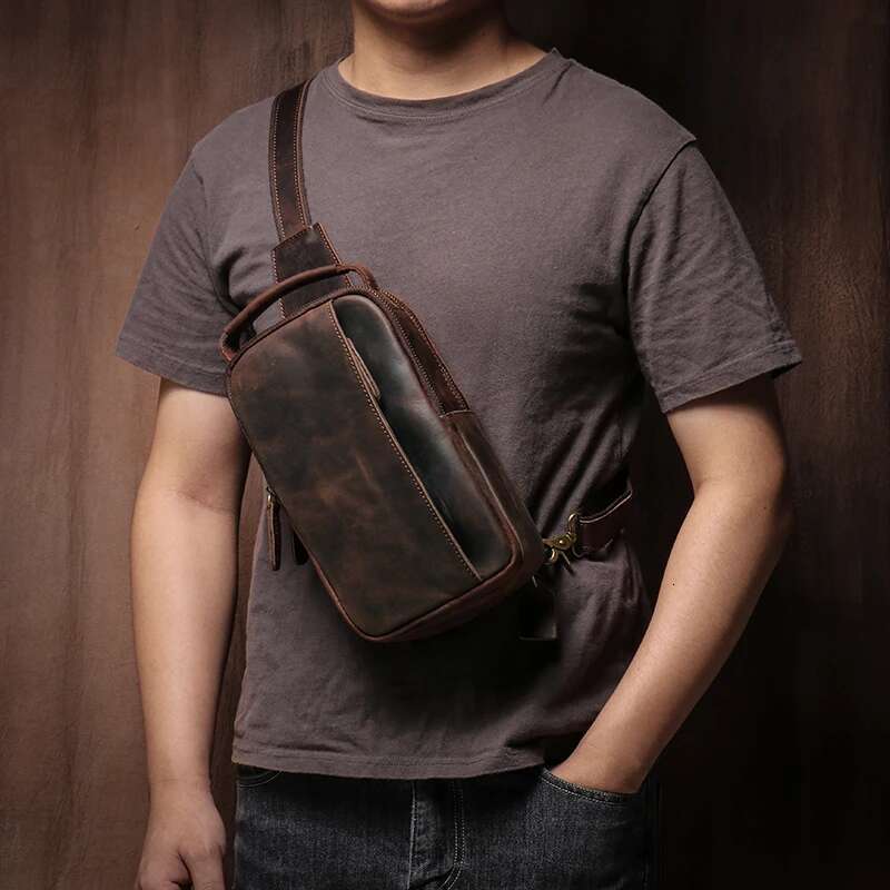 GURO Men's Higher Quality Chest Pack Vintage Genuine Leather Travel Sling Bag Male Satchel Crazy Horse Cowhide Crossbody