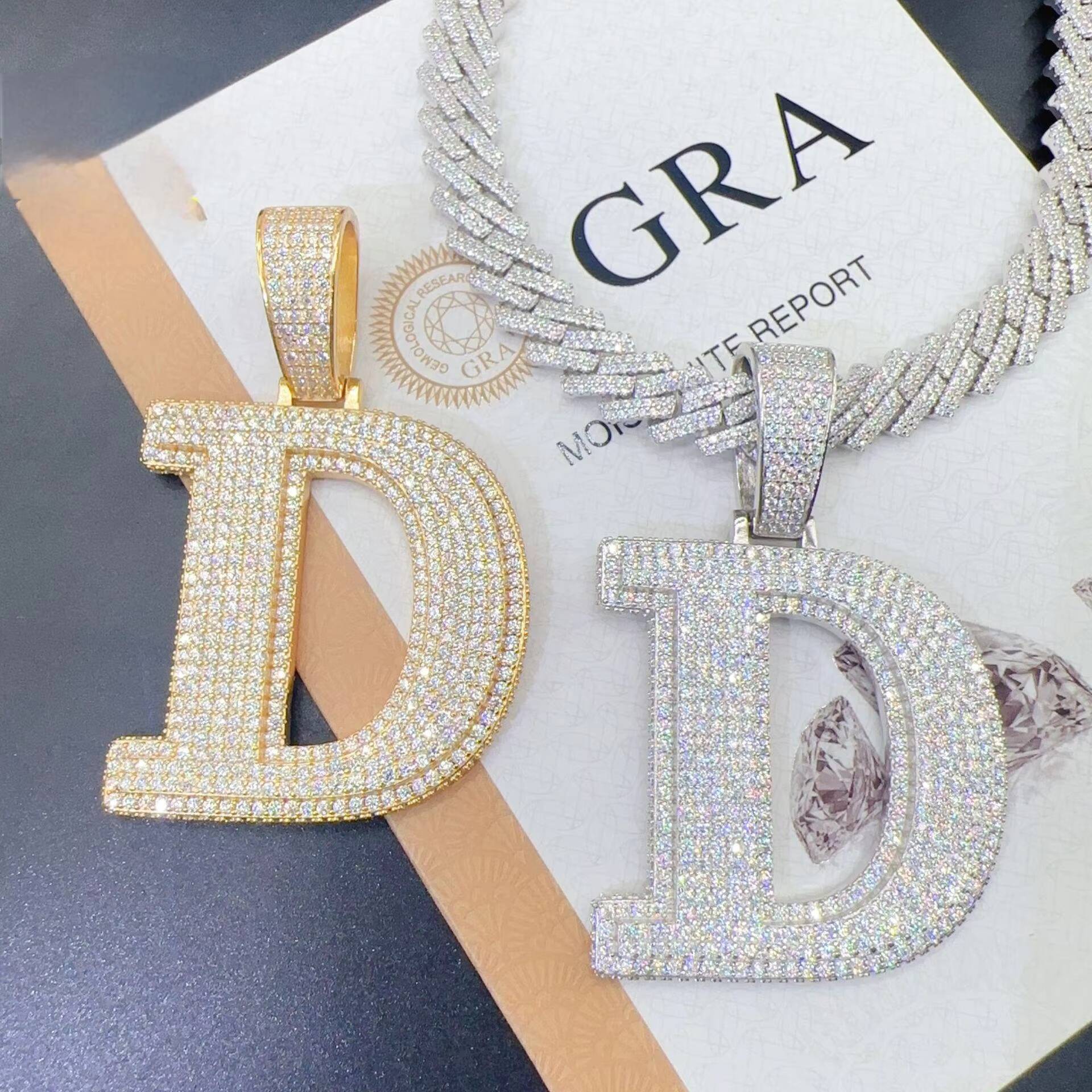 Luxury Hip Hop 925 Silver Moissanite Diamond Necklace Custom Iced Pendant Letter Cuban Link Chain with Pendants Charms