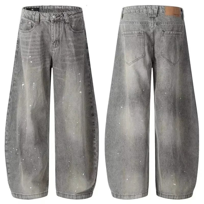 Long Street Retro Wash Grey Wide Leg Mens Jeans Loose Street Style Fading Knife Edge Denim Casual Loose Fit Denim 250423