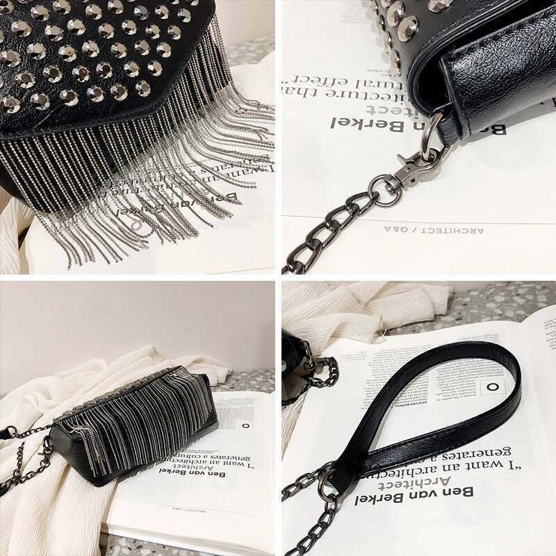 JIEROTYX Fashion Tassel Dias Brand Design Mini Chain Shoulder Bag Crossbody Black Leather Rivets Female Bolsa Sac A Main