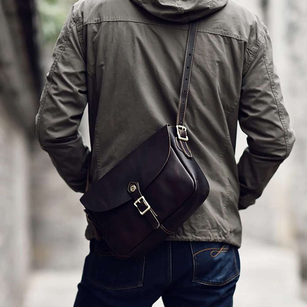 Vintage Genuine Men's 11" Messenger Crossbody Bags Crazy Horse Cowhide Shoulder Bag Top Layer Leather Fashion Casual