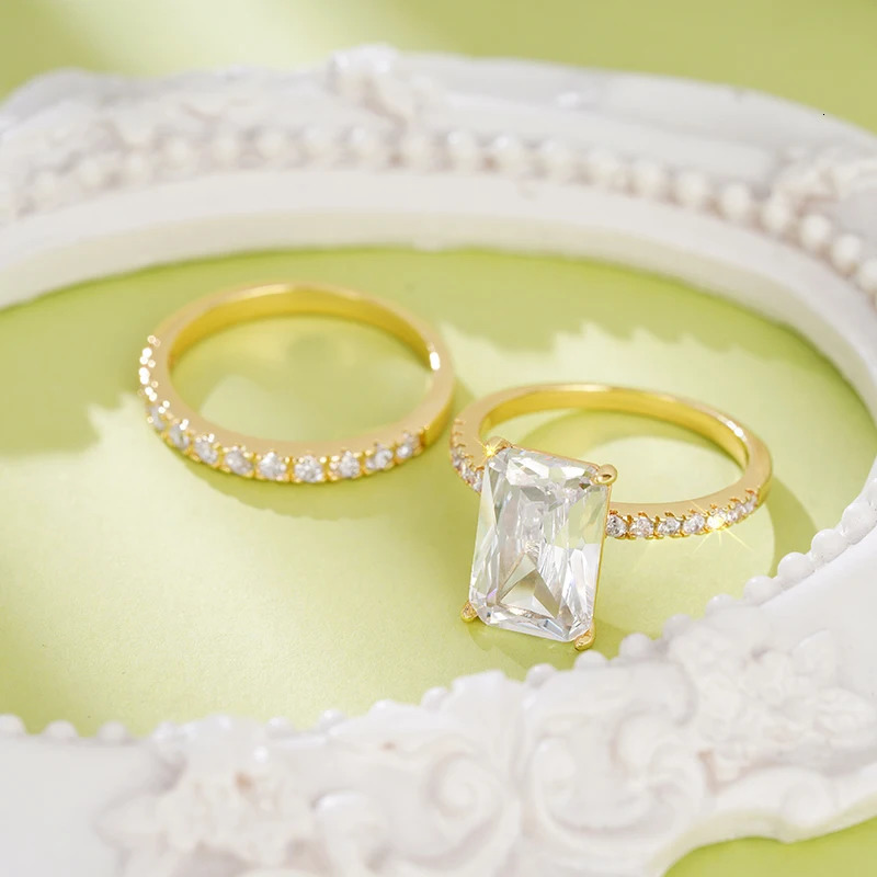Huitan rectangular cubic zirconia set ring suitable for female brides wedding accessories trend engagement band jewelry wholesale 250428