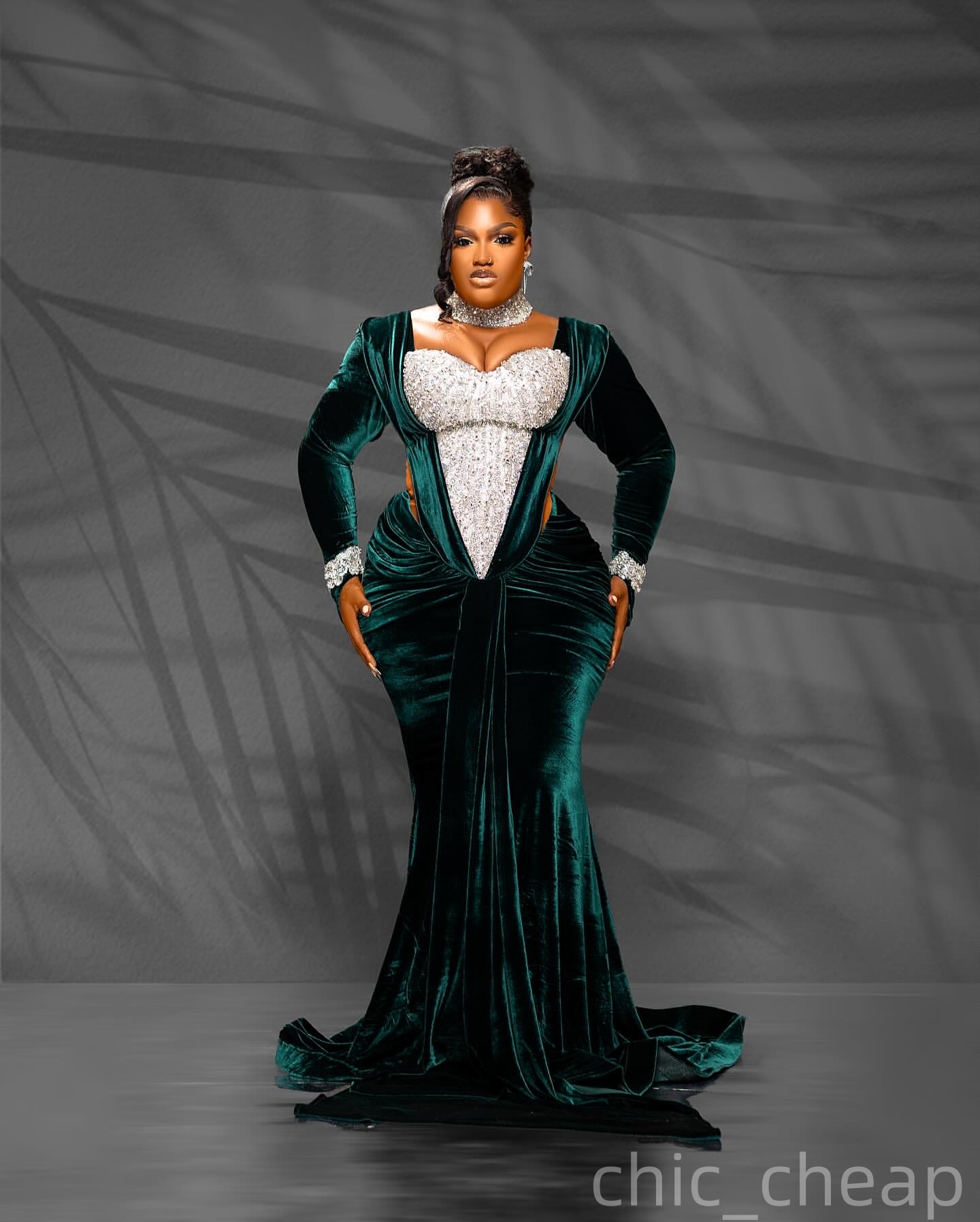 Mermaid Dark Green Plus Size Prom Dresses 2025 Velvet Crystals Full Sleeves Evening Formal Party Second Birthday Engagement Gowns Dress For Special Oc