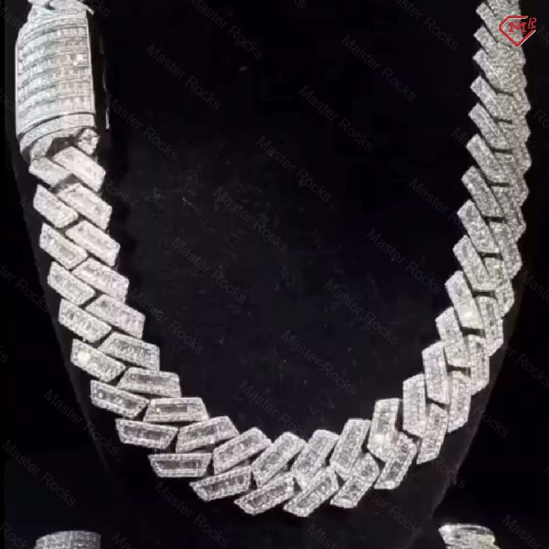 Hiphop Cuban Chain 20mm VVS Round and Baguette Cut Iced Out 925 Sterling Silver Moissanite Cuban Link Chain
