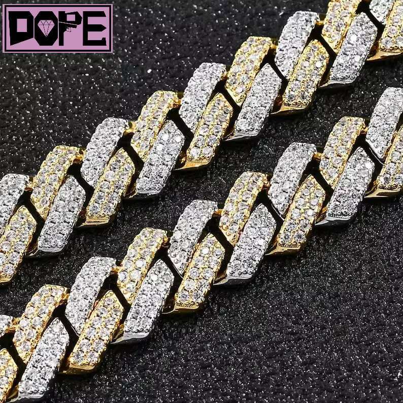 14mm Hiphop Cuban Link Chain Two Tone VVS Mossanite Miami Cuban Necklace 925 Silver Moissanite Cuban Chain