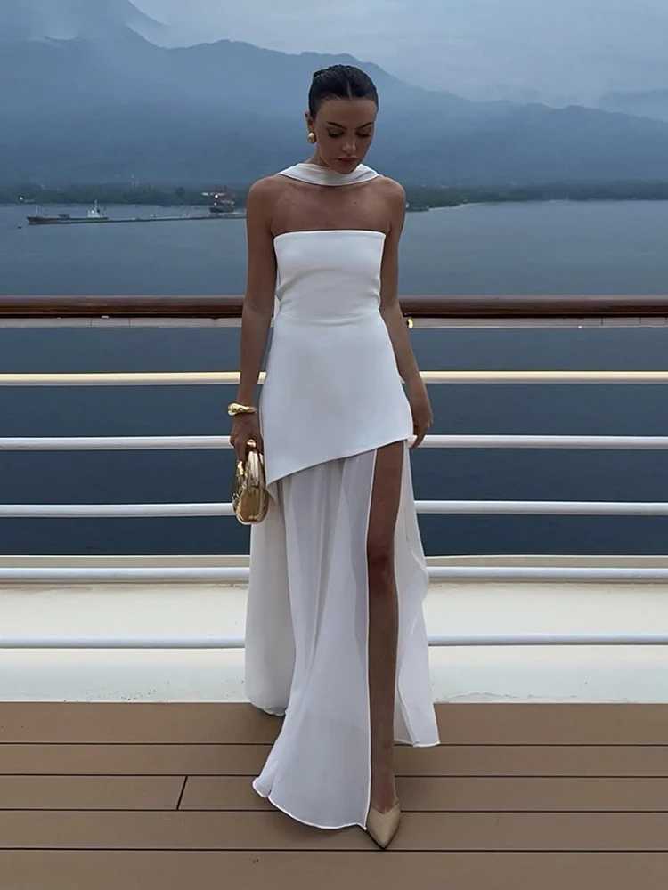 Summer 2025 Womens Fashion Strapless Dress with Ribbon Splicing Work Elegant Sleeveless Mesh Splicing Dress Vacation Beach Long Dress W250430