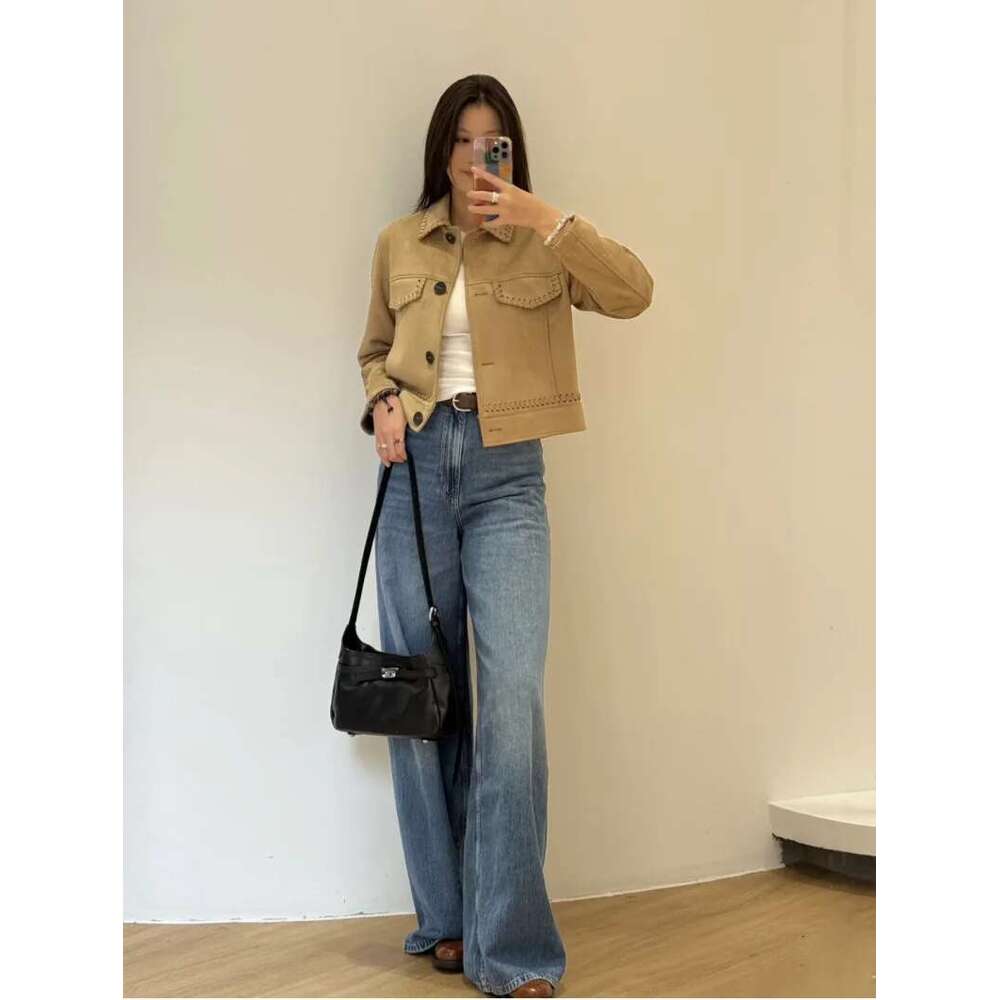 ETJ 2025 TRAF Spring New Women's Fashion Handwoven with detail suede texture Effect lapel short jacket