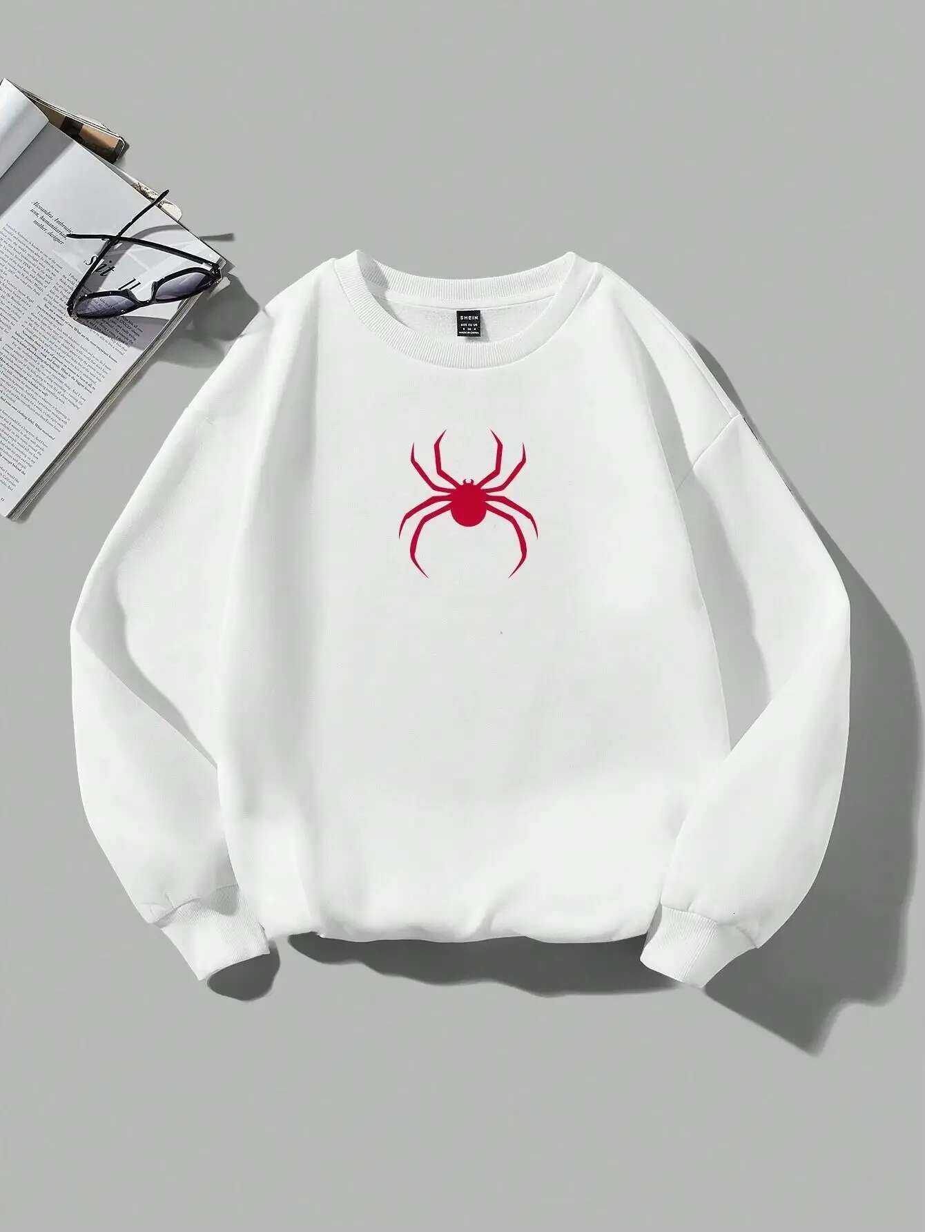 Spring Casual Women Sweatshirts Simple Spider Prints Hoodies Comfortable Fleece Soft Pullover Crewneck Loose Female Tops Clothes fashion clothing wome