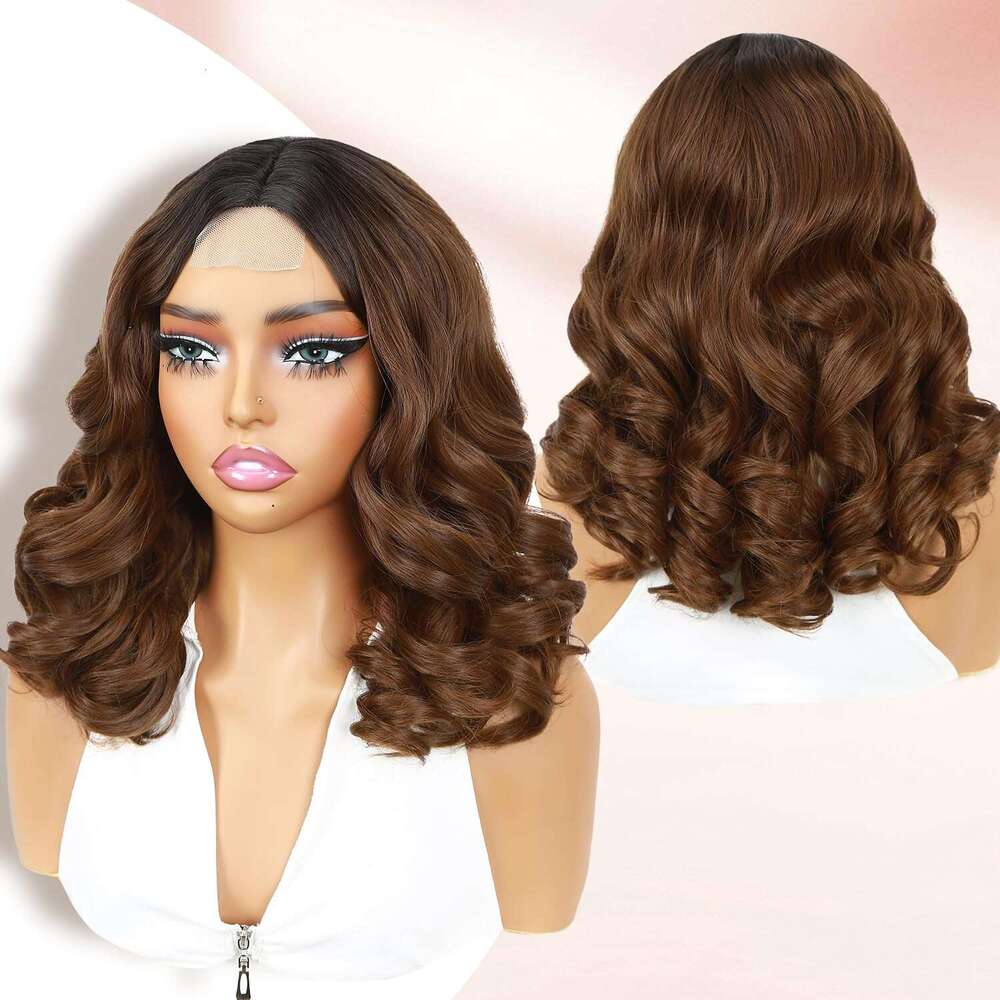 WIGER Big Curly Lace Front Loose Wave Short Wavy Bob for Black Women Ombre Brown Middle Part Shoulder Length Wig Synthetic Wigs