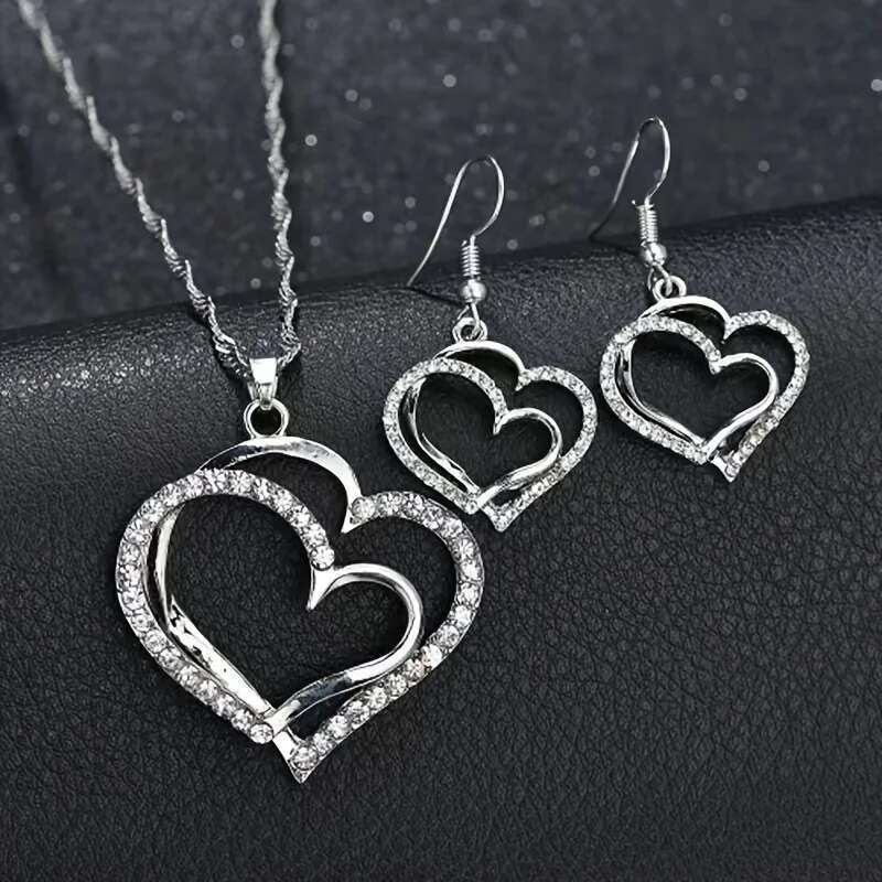 Sparkling Rhinestone Double-Layer Hollow Heart-Shaped Pendant Necklace Women's Temperament Versatile Jewelry Set