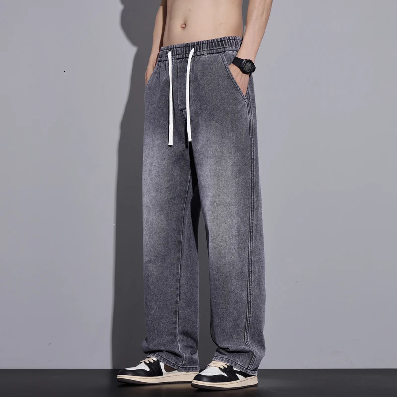 Mens clothing wide leg pants luggage jeans streetwear straight fashion denim Trouser Y2k retro washed elastic waist mens pants 250423