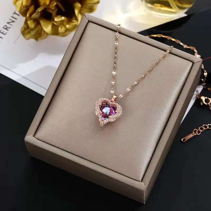 Top Colorful Crystal Ocean Heart Pendant Necklace For Women Trendy 316L Stainless Steel Jewelry Female Wedding Neck Chain
