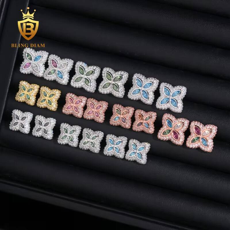 Hot Sale GRA Certificate VVS1Iced Out Colored Moissanite Four-Leaf Clover Earrings 925 Sterling Silver Gold Plated Hiphop Style