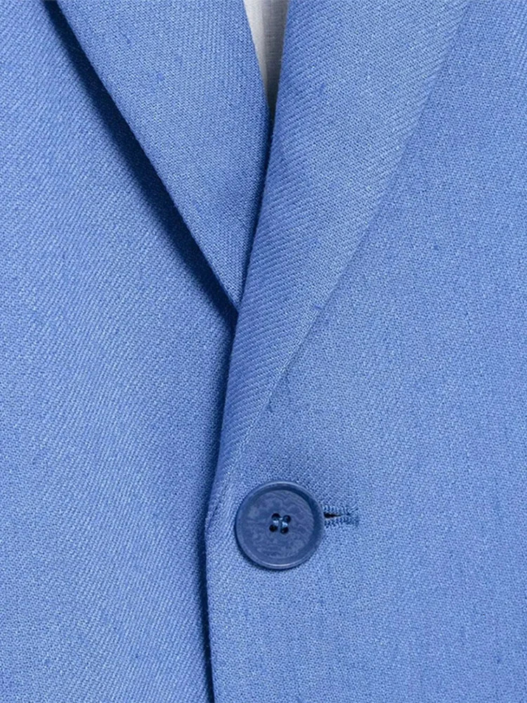 Elegant Blue Womens Sports Jacket Set Solid Collar Button Pocket Coat Wide Zipper Pants SpringSummer Urban Clothing 250530