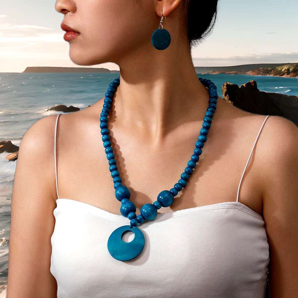 New Fashion Jewelry Set Bohemian Geometric Round Wooden Bead Pendant Necklace And Earrings For Women Vacation Accessories