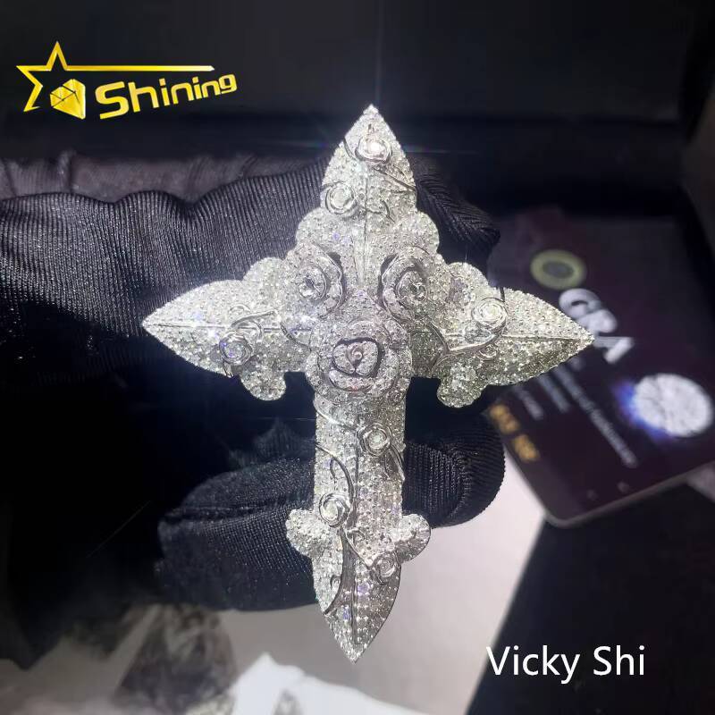 Fine Jewelry Iced Out 3D Pendant 925 Sterling Silver Hip Hop VVS Moissanite Cross Pendant Pass Diamond Tester