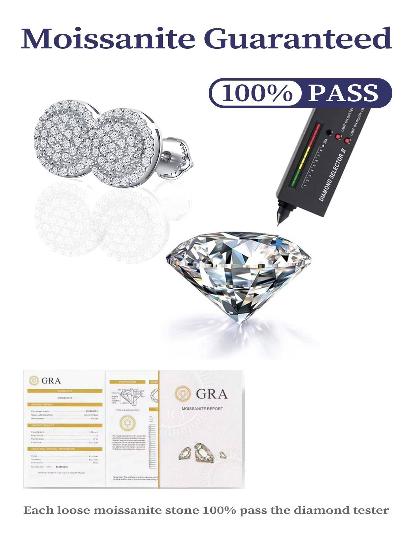 Certified GRA Fully Iced Out 925 Silver Stud Earrings VVS Diamond Tester Pass Moissanite Jewelry