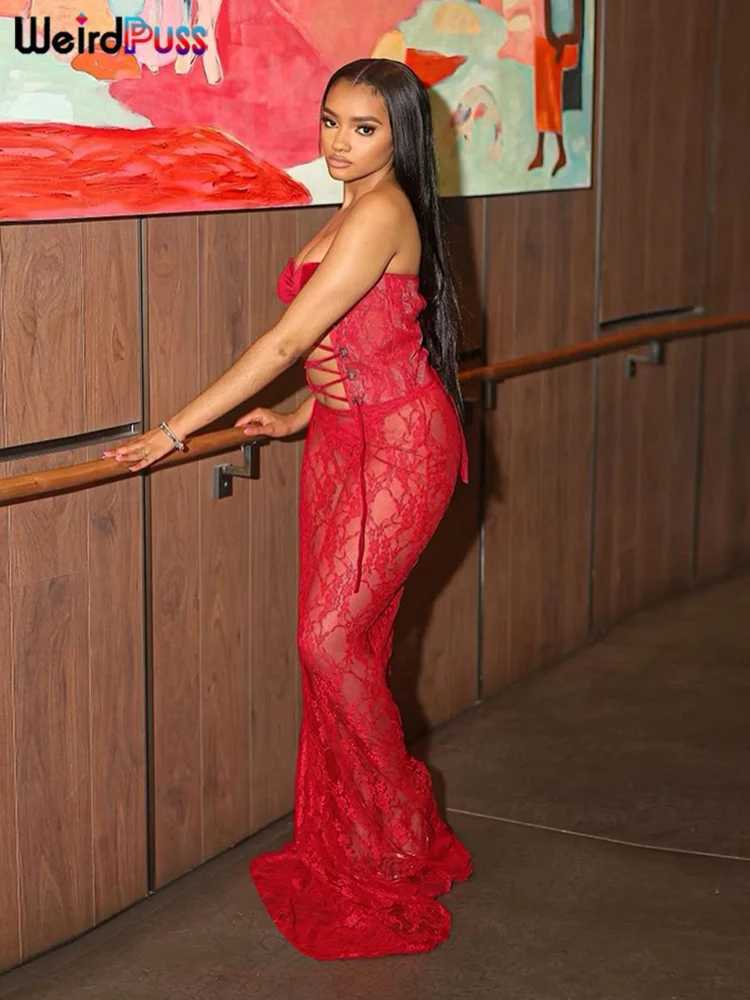 Weird cat sexy party dress womens mesh patchwork work strapless shirt hollow Coquette banquet elegant summer trend Maxi Bodycon W250430