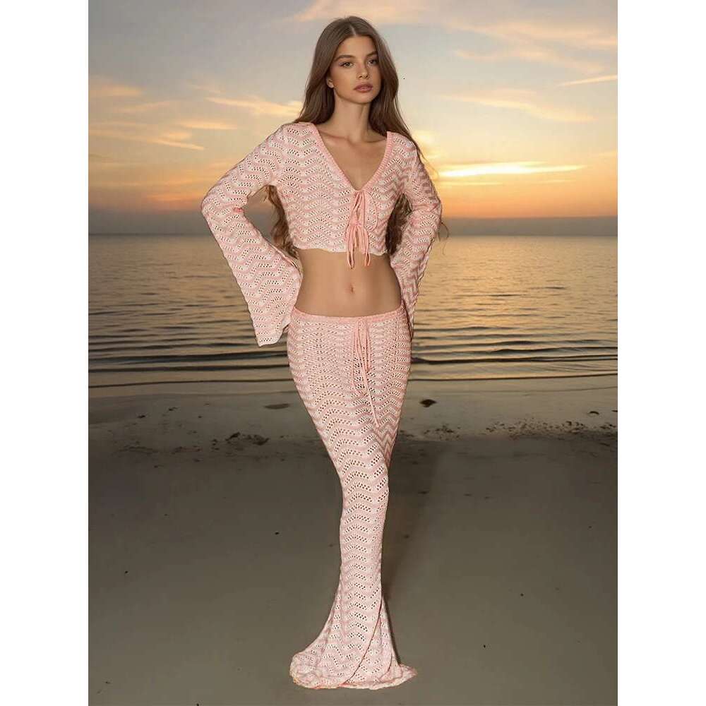Sexy Knit V-Neck Long Sleeve Lace-Up Top Beach Half Skirt Two-Piece 2025 Summer Women's Casual Outfit Swimsuit Cover Up Set K192