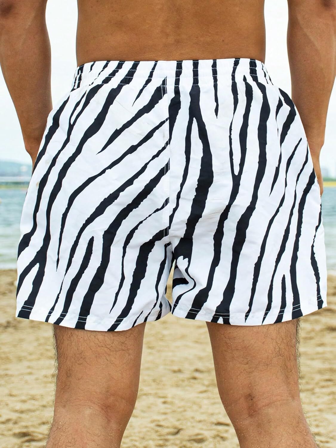 Men's Zebra Stripe Drawstring Waist Swim Trunks Beach Shorts Sports Running Bathing Suits