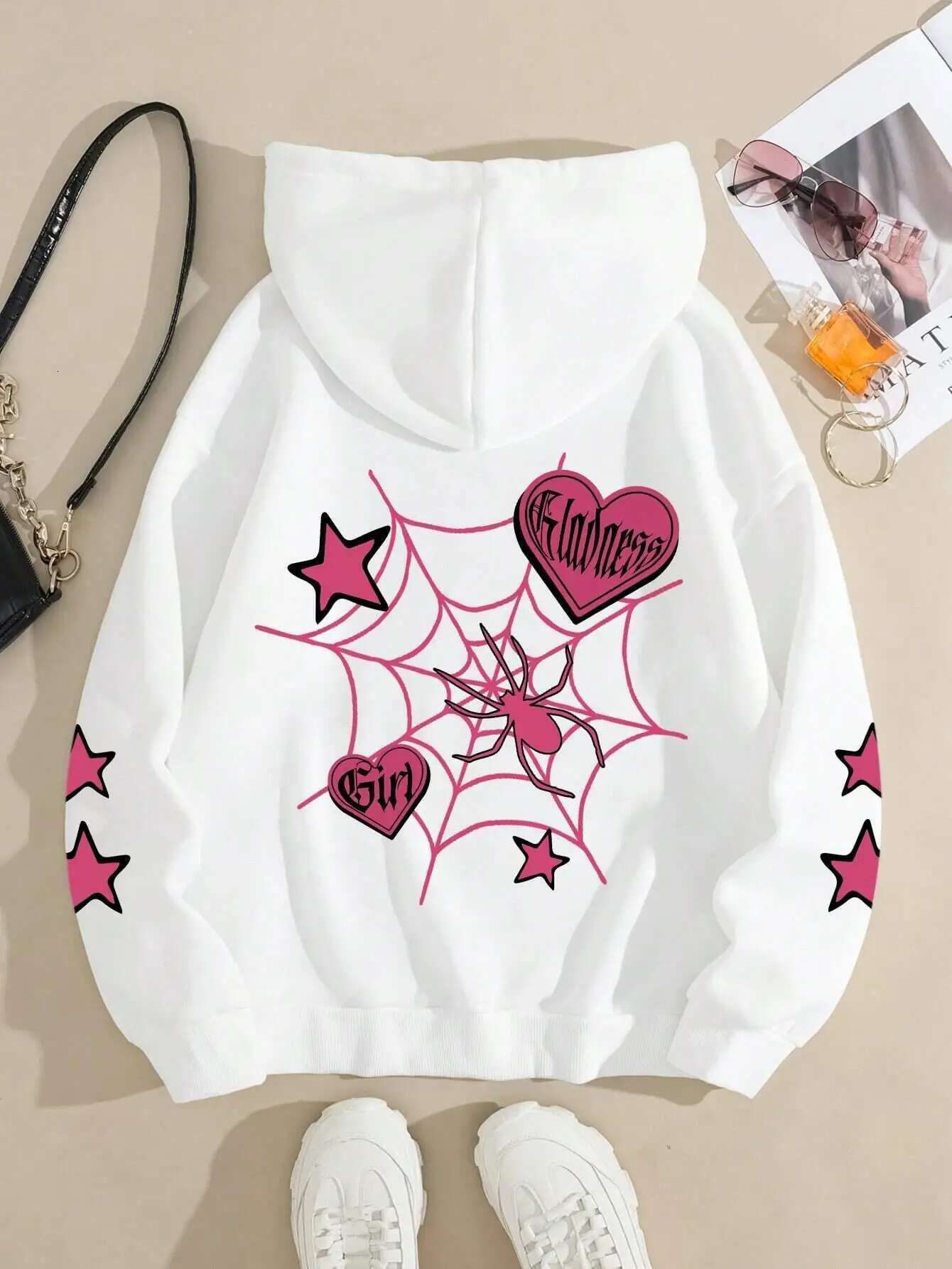 Spider Star Printed Hoodies Street Sporty Women Sweatshirts Comfortable Crewneck Pullover Loose Fleece Female Tops Clothes fashion clothing women