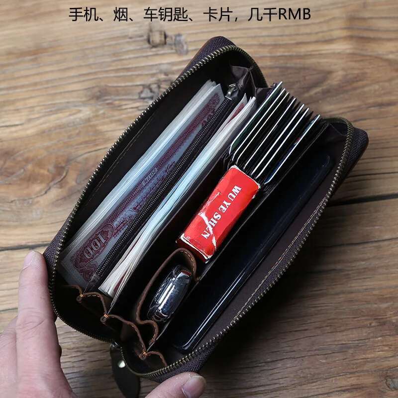 NZPJ Vintage Men Long Crazy Horse Leather Mobile Natural Cowhide Clutch Multi Functional Wallet Card Bag