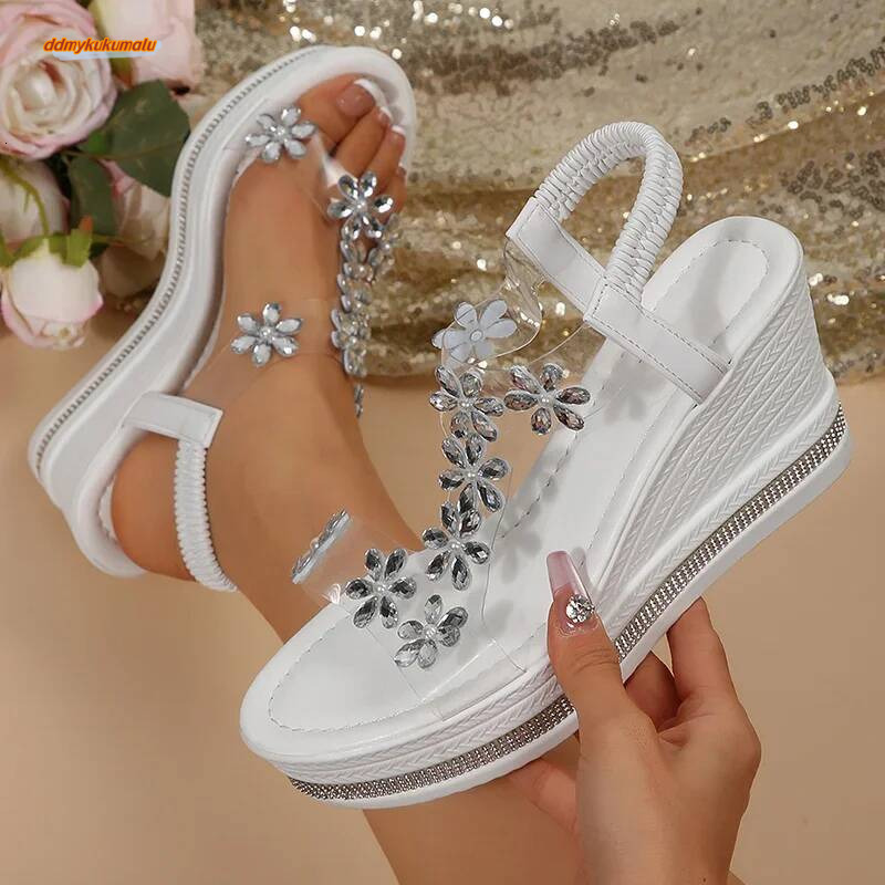 Elegant Ladies Crystal Floral Sandals Women Summer 2025 Chunky Platform Wedge Heels Sanalias Mujer High Heeled Party Shoes Woman ddmykukumalu
