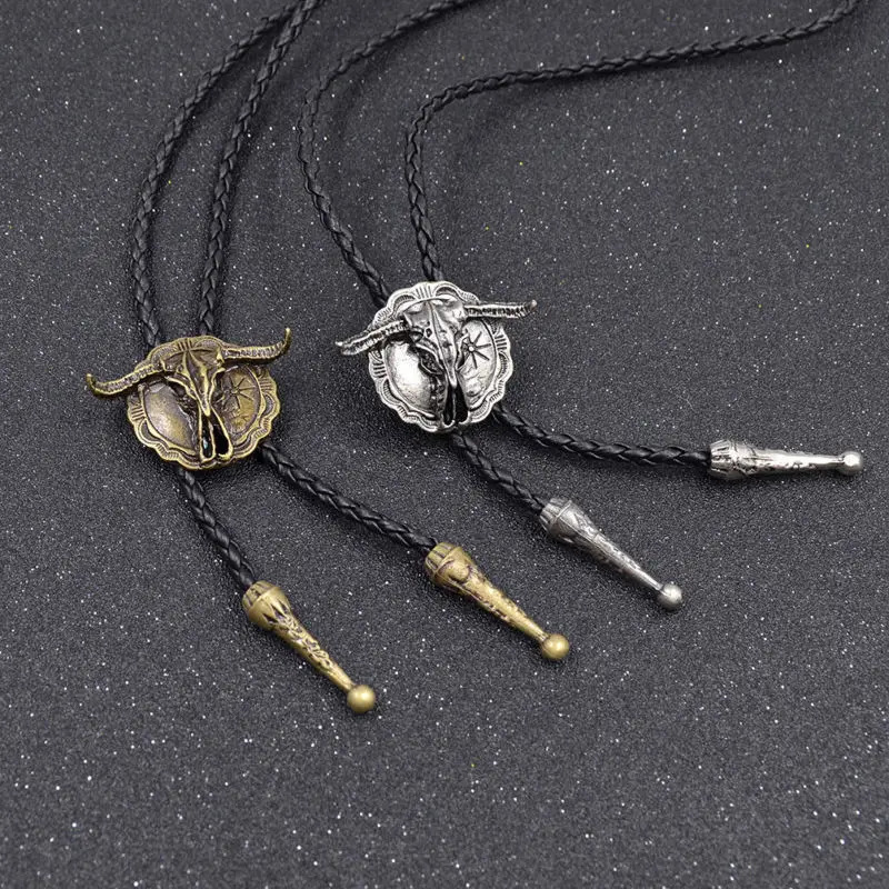 Mens Western Vintage Bolo Tie Cow Skull n Black Leather Rope Cowboy Necktie with Bull Head Pendant Jewelry Gift Unisex 250430