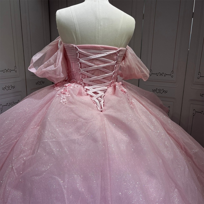 Pink Princess Quinceanera Dresses Off Shoulder Applique Lace Beads Tull Sweet 16 Dress Ball Gown Vestidos 15 Anos