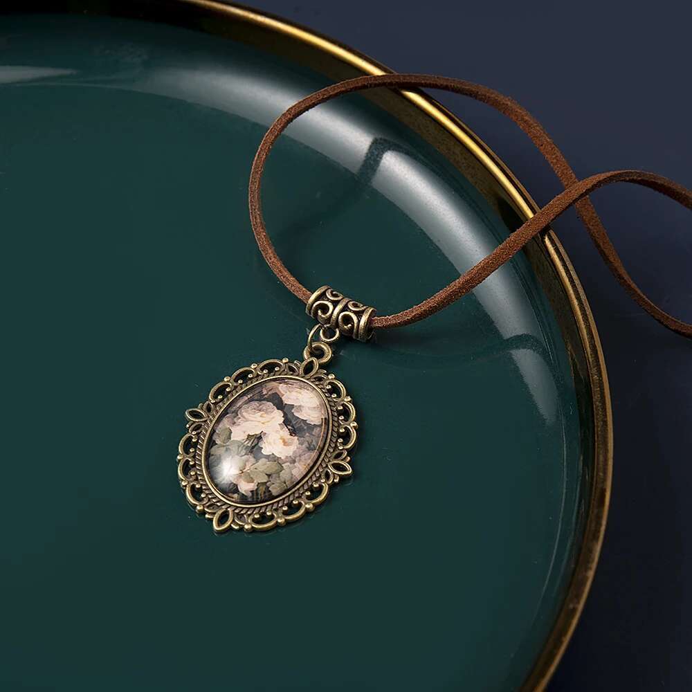 Vintange White Rose Flowers Time Gem Pendant Leather Rope Chain Necklace Women Fashion Jewelry Sx-25