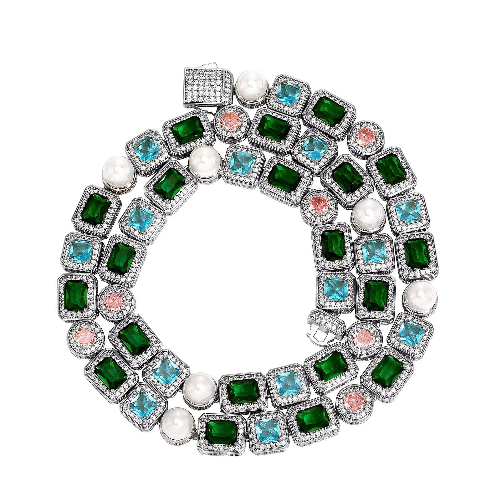 DE Chic Dazzling Fashion Brass Jewelry Iced Out 18k Gold Plated Bling Pearl Link Chain Colorful Gemstone Zircon Necklace