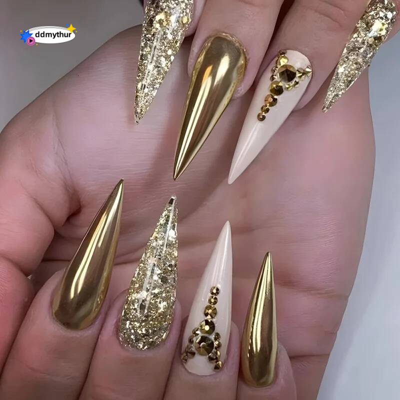 24pcs Gradient French False Art Y2k Rhinestones Full Cover Sets Long Stilettos Press on Nails Tips Black Fake Nail ddmythur