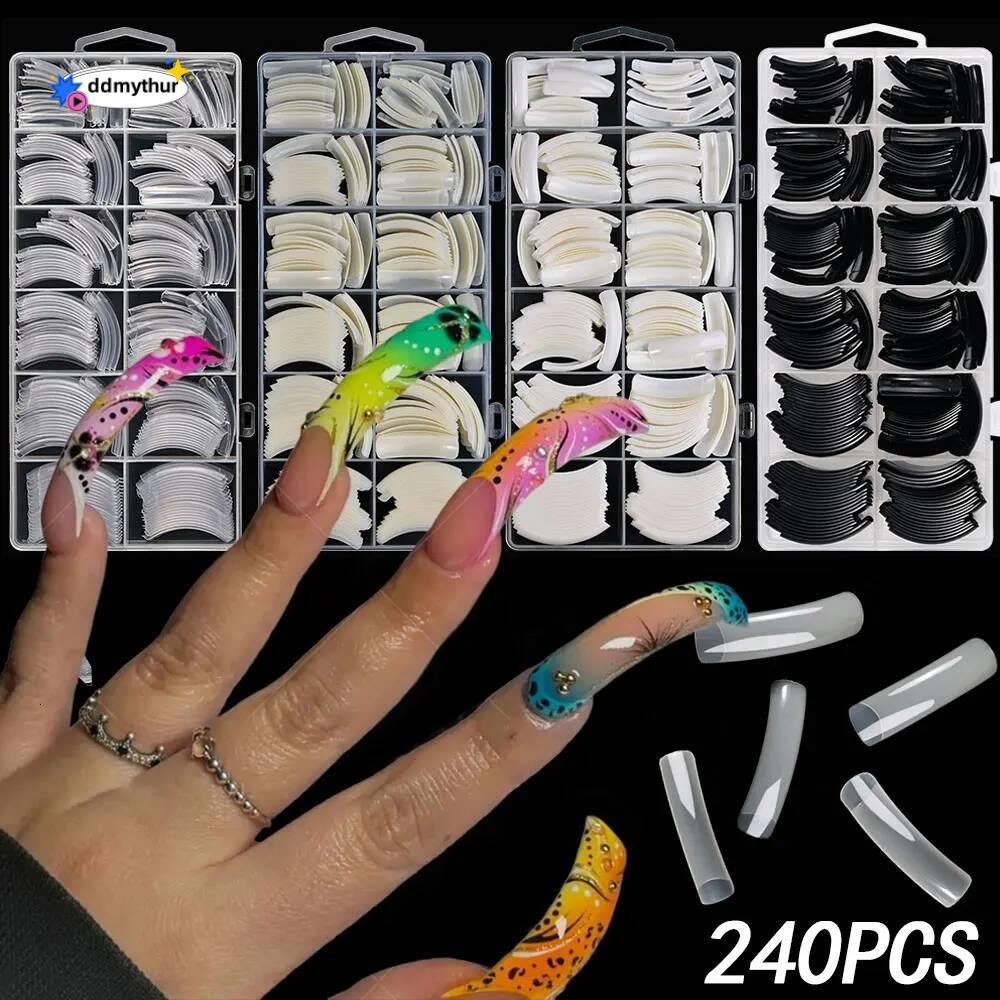240PC Hawk Curved Long Square False Nails 12Size XXL Extra Deep Curve Full Cover Acrylic Fake Tips Eagle Claw Nail Extension Tip ddmythur