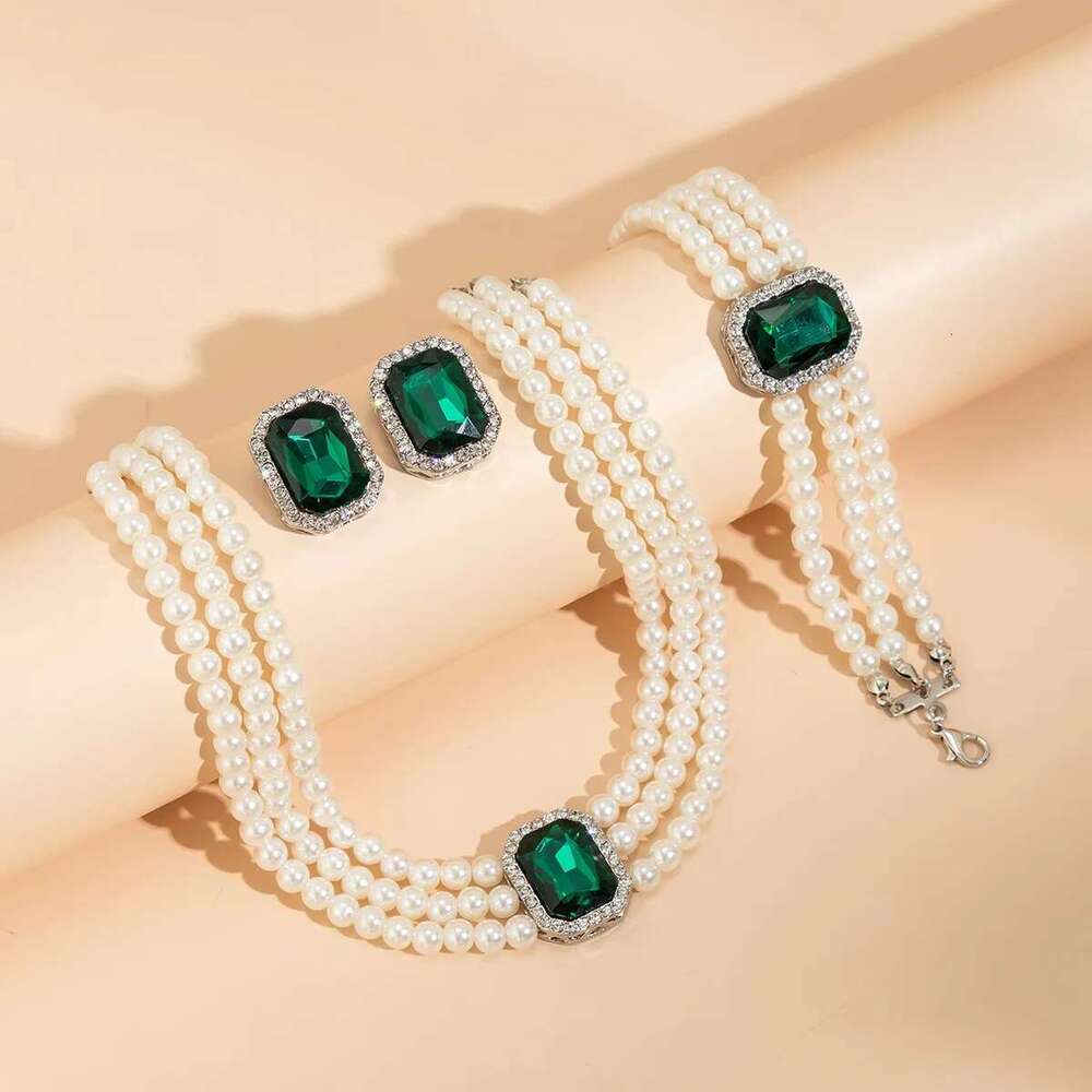 4Pc Women's Fashion Light Short Style Imitation Pearl Turquoise Necklace Earrings Bracelet Jewelry Set Party Festival Gif