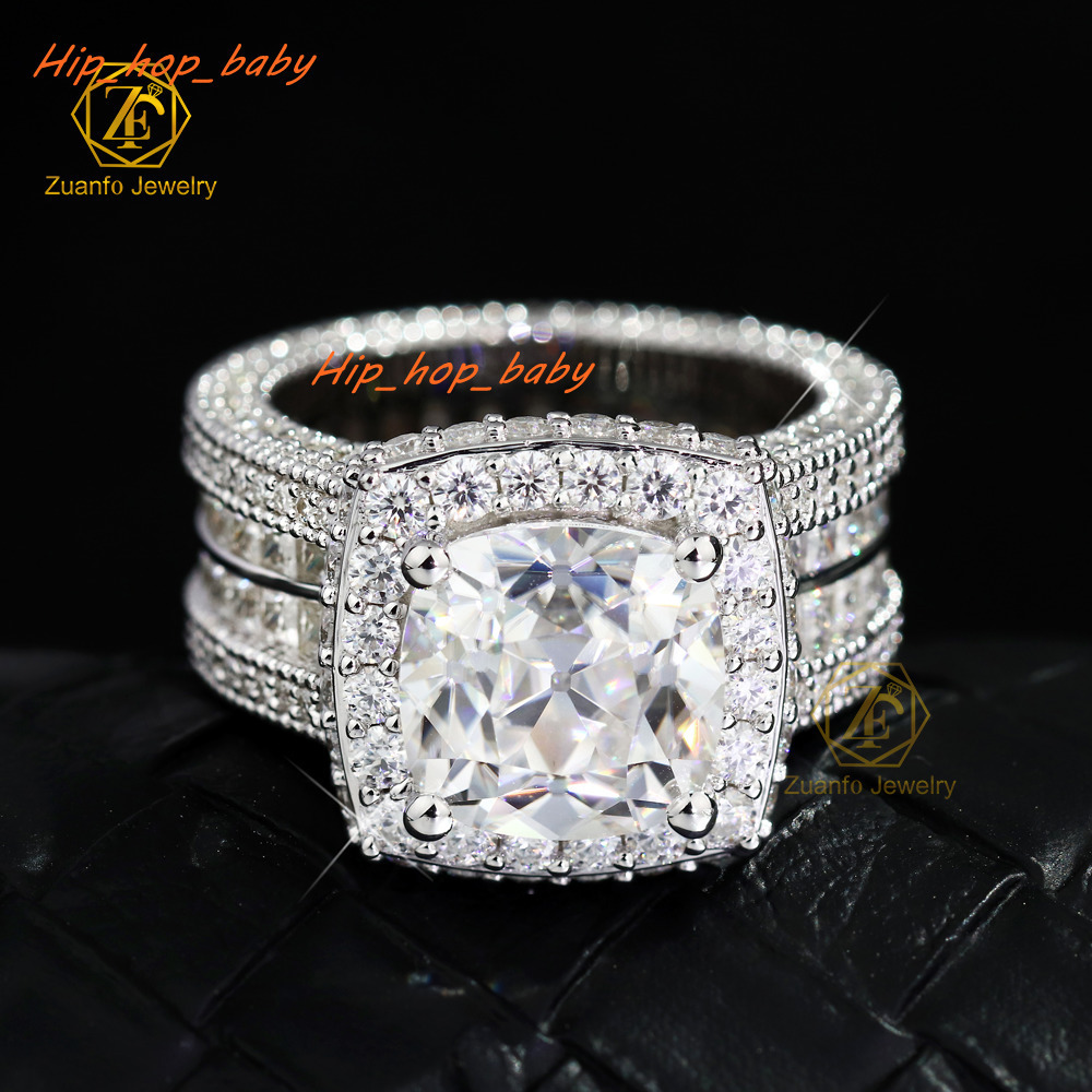 High-end 925 Silver Moissanite Ring Jewelry Big Size Square Cushion Shape Moissanite Halo Ice Out Diamond Ring